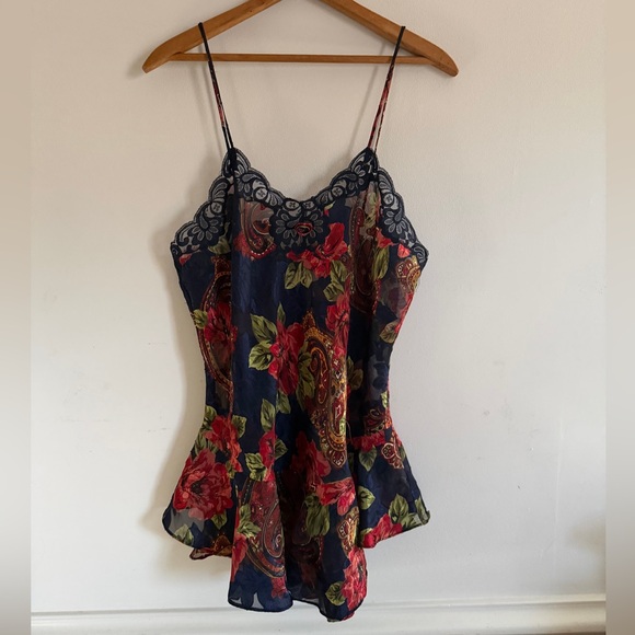 Victoria's Secret Other - Victoria's Secret Navy Floral Lace Nightie 2pc Size M  Gold Label 90s Coquette